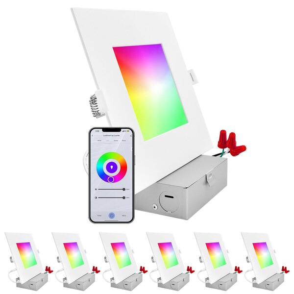 Luxrite 6 Inch Square Smart LED Recessed Lights RGBW Wifi App and Voice 13W 1000LM No Hub Required, 6PK LR22748-6PK - main